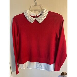 Adrianna Papell Haute Red Pearl Embellished Collar Layered Look Sweater Top M